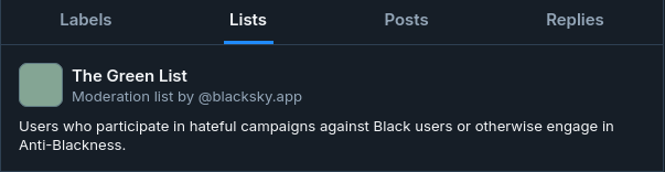 A screenshot of the moderation list called &quot;Green List&quot;