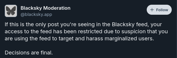 A screenshot showing what users banned from the Blacksky feed would see.